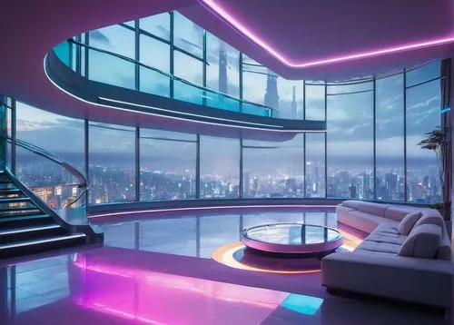 sky apartment,penthouses,modern living room,apartment lounge,spaceship interior,skyloft,modern room,livingroom,nightclub,sky space concept,futuristic landscape,living room,ufo interior,dreamhouse,modern decor,futuristic architecture,block balcony,great room,luxe,loft,Illustration,Japanese style,Japanese Style 04