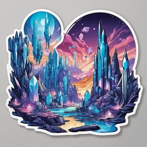 mushroom landscape,fairy tale icons,futuristic landscape,growth icon,ice planet,fantasy landscape,fairy world,3d fantasy,fairy forest,dusk background,alien world,enchanted forest,alien planet,cartoon forest,witch's hat icon,lagoon,badges,stickers,mushroom island,stalagmite,Unique,Design,Sticker