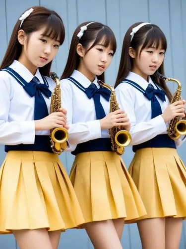 Japanese schoolgirls making music.,three girls holding saxophones with ties and uniforms,euphoniums,euphonium,nmb,chirasevenupraphand,adumin,trumpet gold