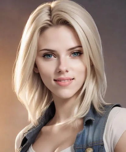 Android 18 from Dragon Ball with straight platinum blonde hair that falls just below the shoulders, with a straight cut and a side part. Her eyes are large, blue, and her expression is cold and calcul