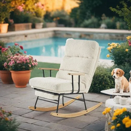 夕阳下，庭院中，泳池旁，小狗，茶桌，家人,there is a dog sitting on a rocking chair by the pool,patio furniture,thonet,chaise lounge,outdoor furniture,chaise,natuzzi