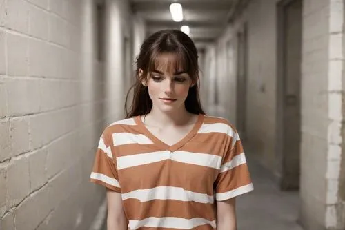 isolated t-shirt,prisoner,horizontal stripes,girl in t-shirt,the girl in nightie,long-sleeved t-shirt,drug rehabilitation,girl in a long,lori,striped background,detention,depressed woman,girl walking away,prison,women clothes,eleven,teen,feist,lis,tee,Photography,Natural