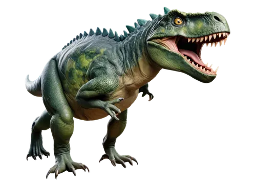 Dinosaur, prehistoric creature, green scaly skin, sharp teeth, powerful legs, claws, angry roar, running, attacking, jurassic period, misty atmosphere, cinematic lighting, shallow depth of field, 3/4 