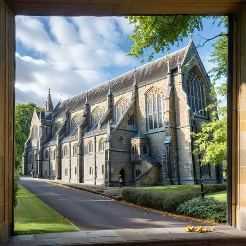 Transform the famous drawing by Bill Denny “Malvern College Chapel” into a contemporary, high-resolution black and white photo in an impressive way.,a building with a very long road leading to it,eden