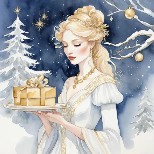 Design watercolor illustrations showcasing elegant gold and white Christmas elegance. Experiment with sophisticated designs, opulent details, and a touch of timeless luxury to convey the refined beaut