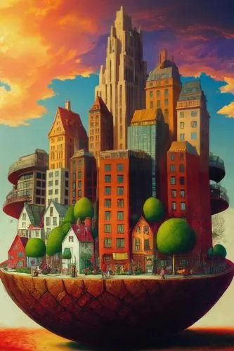 floating island,fantasy city,mushroom island,airship,airships,floating islands,panoramical,sky city,mushroom landscape,studio ghibli,globe,big apple,fantasy world,futuristic landscape,utopian,surreali