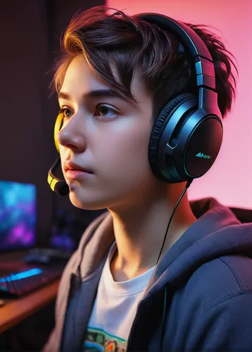 1person, gamer, solo, (20yo), focused expression, wearing headset, hearing own voice, short hair, casual clothing, gaming chair, indoor room, computer setup, multiple monitors, microphone, ambient roo