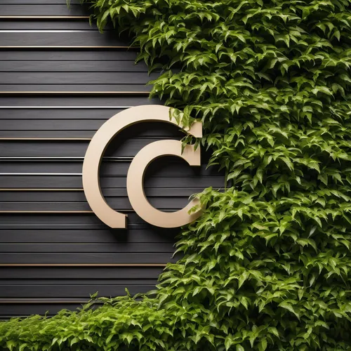 A decorative wall designed with a logo, a combination of cladding bars and a combination of late green vegetation.,letter c,country cable,copyright,c badge,c,creative commons,c20,circular,wordpress ic