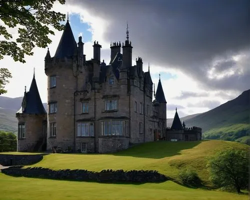 Scottish modern castle, grand architecture, towers, turrets, stone walls, stained glass windows, heavy wooden doors, intricately carved decorations, majestic entrance hall, high ceiling, grand chandel