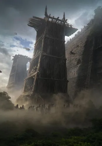 some people in the sky next to some tall buildings,dragonstone,irminsul,ithilien,tirith,shannara,nargothrond