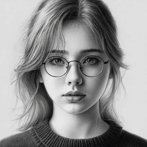 女孩，眼镜，黑色毛衣，,the woman in the black and white picture is wearing glasses,hermione,girl portrait,girl drawing,lily-rose melody depp,with glasses,portrait of a girl,Illustration,Black and White,Black and