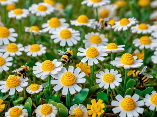 a meadow with LEGO flowers in a the form of fried eggs as flowers, LEGO bees in a the form of fried bacon as bees,australian daisies,daisies,daisy flowers,marguerite daisy,wood daisy background,tanace