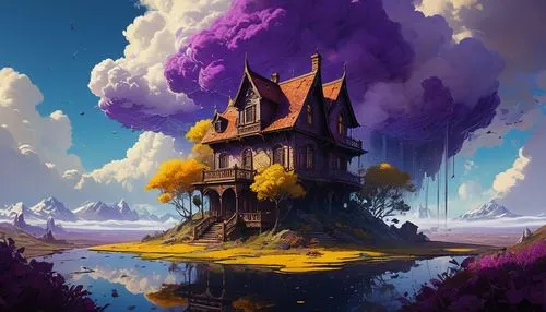 witch's house,fantasy landscape,purple landscape,fairy chimney,witch house,floating island,mushroom landscape,mushroom island,house silhouette,lonely house,kinkade,fantasy picture,fairy tale castle,house with lake,knight's castle,dreamhouse,wishing well,fairy house,fractal environment,ghost castle,Conceptual Art,Sci-Fi,Sci-Fi 01