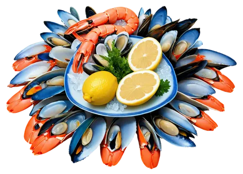 Fresh seafood, assorted platter, colorful arrangement, raw fish slices, juicy shrimp, steamed mussels, clams, oysters, crab legs, lobster claws, ice bed, lemons, parsley garnish, studio lighting, high