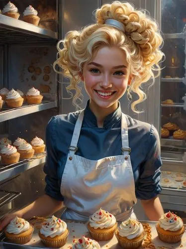 sufganiyah,donut illustration,waitress,sweet rolls,cream puffs,bakery,muffins,kanelbullar,woman holding pie,bombolone,pastries,cinnabon,pâtisserie,freshly baked buns,sweet pastries,pastry shop,queen of puddings,cupcakes,cupcake,zeppole,Illustration,Realistic Fantasy,Realistic Fantasy 03