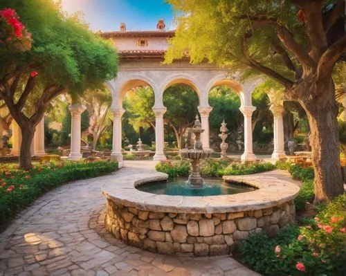 monastery garden,alhambra,bougainvilleans,garden of the fountain,pergola,palace garden,bougainvilleas,courtyard,oasis,pasadena,sdsu,hacienda,patios,palo alto,decorative fountains,gardens,monastery israel,persian architecture,patio,stanford university,Illustration,Realistic Fantasy,Realistic Fantasy 02