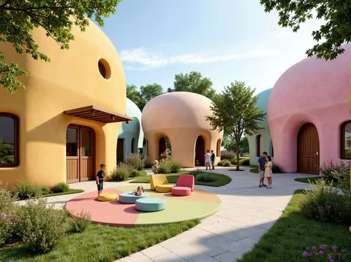 earthship,ecovillages,3d rendering,superadobe,ecovillage,render,arcosanti,3d render,riad,3d rendered,roof domes,cube stilt houses,cohousing,flowerful desert,renders,lazytown,dreamhouse,candyland,casita,bungalows