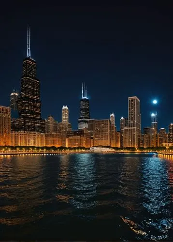 Chicago cityscape, Lake Michigan shoreline, evening time, golden hour, warm lighting, luxury yacht, sleek design, white sail, glass windows, open deck, wooden floor, captain's chair, steering wheel, n