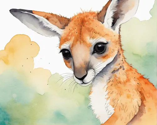 Create a heartwarming tale about a baby kangaroo's first adventure in the wild.,watercolour fox,vicuña,vicuna,kit fox,red kangaroo,guanaco,macropus rufogriseus,pronghorn,fennec,macropodidae,fennec fox