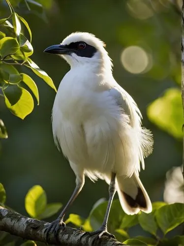 Simple bird, white plumage, small beak, bright black eyes, perched, thin branches, leafy green trees, soft sunlight filtering through leaves, shallow depth of field, warm natural tones, cinematic comp