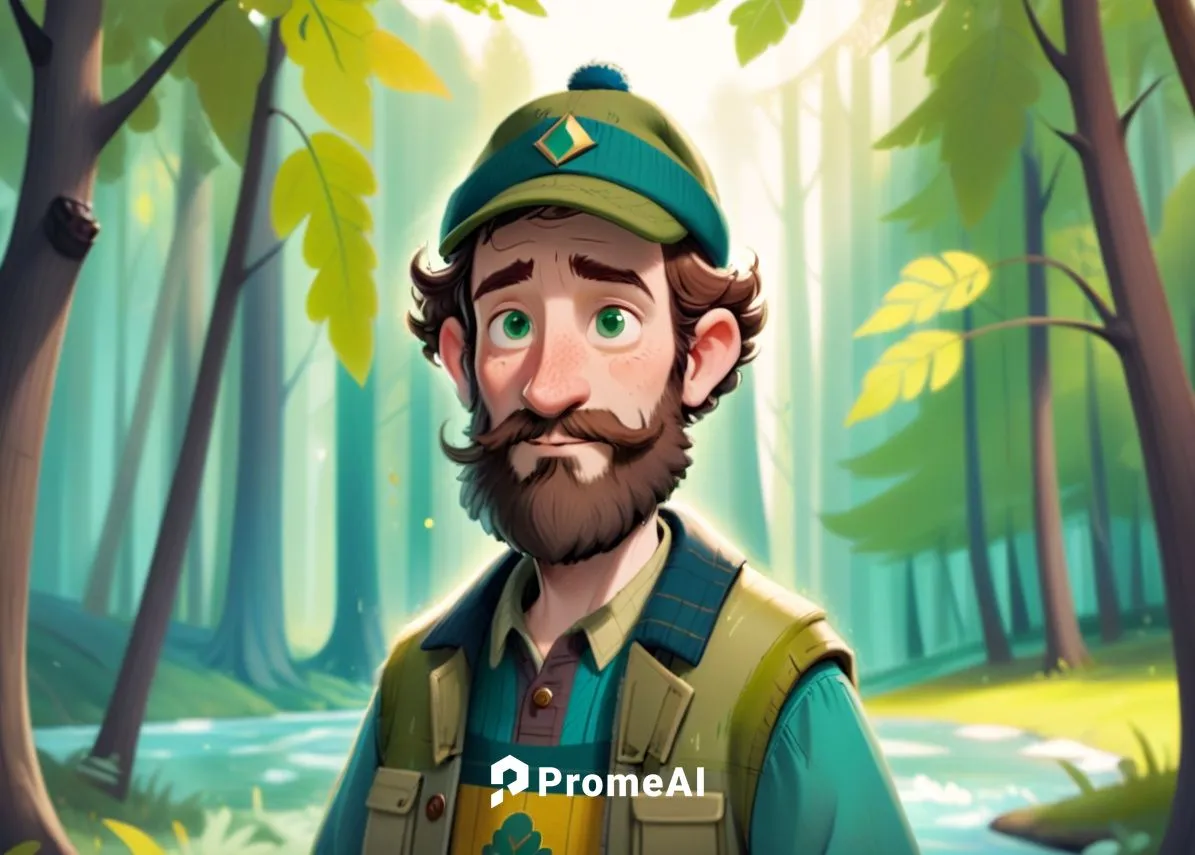 A 50 year old man, he is a forester, he is wearing an blue cap with a logo on it, his beard is greay and chesnuts colored, he is wearing forester clothes green and brown colored, he has a few rickles 