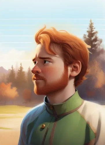 a 32 years old man,an orange haired man in a green shirt,kvothe,sylvania,wippleman,bunyan,gisulf,leif,Illustration,Vector,Vector 08