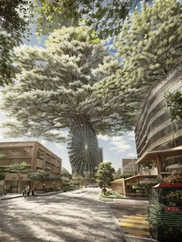 green express boulevard, with trees, bikes, pedestrian, highrises
,palma trees,flourishing tree,the japanese tree,barangaroo,big trees,3d rendering,tree canopy,sky space concept,singapore,tree of life