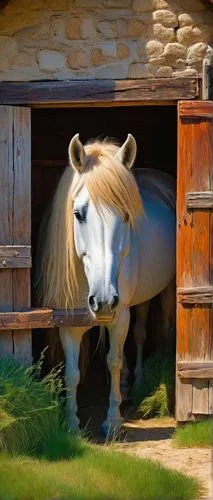 Whimsical stable, wooden door, rusty hinges, hay stacks, sunlit interior, gentle horse, soft fur, flowing mane, bright eyes, saddles, bridles, rural landscape, green pastures, fluffy clouds, warm ligh