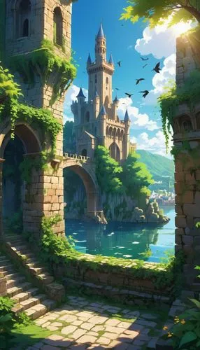 fantasy landscape,meteora,castle ruins,ancient city,castlevania,valentia,knight's castle,bastion,ruins,bird kingdom,castlelike,arenanet,3d fantasy,kinkade,city gate,redwall,landscape background,castle,bns,castle of the corvin,Illustration,Japanese style,Japanese Style 03