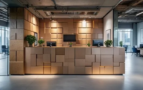 office, lobby, reception desk made of cardboard, eco-friendly style, craft paper, ,the reception counter has several boxes on it,modern office,creative office,bureaux,offices,working space,workspaces,