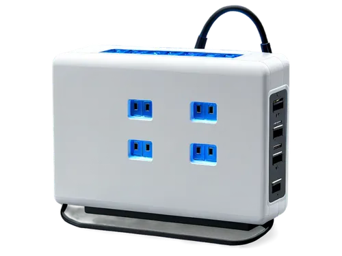 Surge protector, electronic device, rectangular shape, white plastic casing, blue LED lights, multiple outlets, USB ports, power button, cord storage, desktop placement, 45-degree angle, softbox light