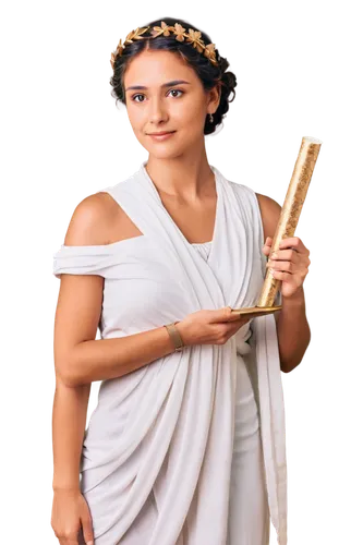 Roman goddess, Ides of March, ancient Greek-inspired costume, laurel wreath on head, flowing white toga, golden accents, elegant updo, subtle makeup, gentle smile, holding a scroll, standing in contra