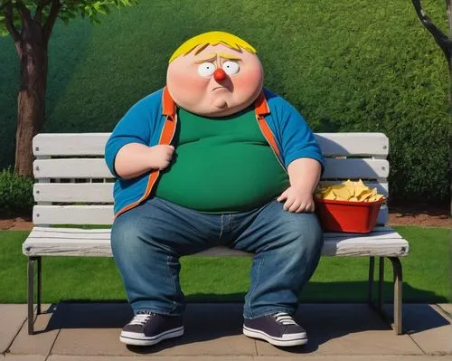 Obese boy, Eric Cartman, realistic, modern-day, suburban, residential area, backyard, sunny afternoon, warm lighting, overweight, blonde messy hair, blue shirt, orange jacket, baggy jeans, sneakers, s