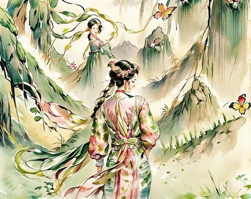 kuanyin,diaochan,guanyin,yuexiu,hanfu,kunqu,tanabata,jianyin,zhui,xiaojian,xuanwumen,fairie,yi sun sin,watercolor background,qibao,wuxia,qingyi,oriental painting,xuanxu,maoyuan