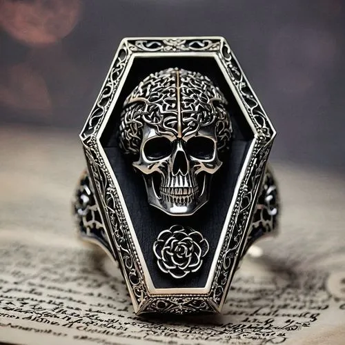 grave jewelry,skull sculpture,ring with ornament,ring jewelry,wedding ring,skull and cross bones,memento mori,engagement ring,pre-engagement ring,belt buckle,calavera,skull statue,card box,skull and crossbones,finger ring,vanitas,skulls and,ornate pocket watch,skulls,vintage skeleton,Illustration,Realistic Fantasy,Realistic Fantasy 46