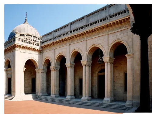 Historic building, grandiose architecture, dome-shaped roof, stone walls, ornate decorations, intricate carvings, columns, statues, flags waving, morning light, soft shadows, 3/4 composition, wide-ang