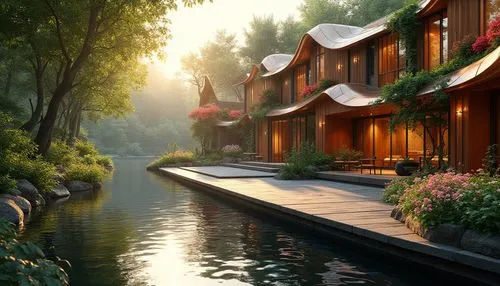 houseboats,house by the water,waterside,boathouses,summer cottage,houseboat,riverside,khlong,floating huts,wooden houses,canals,idyllic,backwater,waterway,home landscape,creekside,forest lake,wooden bridge,river side,backwaters,Photography,General,Realistic