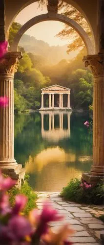 Ancient Greek temple, perfect golden ratio, symmetrical facade, ornate columns, carved marble details, subtle curvature, harmonious proportions, serene atmosphere, warm sunlight, soft shadows, gentle 