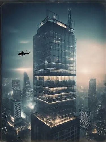 Modern futuristic skyscraper, sleek glass exterior, metallic framework, intricate details, neon lights illuminating the night sky, towering high above city streets, bustling metropolis background, hel