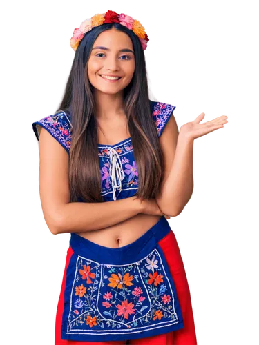 Tamal girl, traditional dress, bright colors, intricate patterns, long hair, adorned with flowers, gentle smile, relaxed posture, hands on hips, standing, soft focus, warm lighting, shallow depth of f