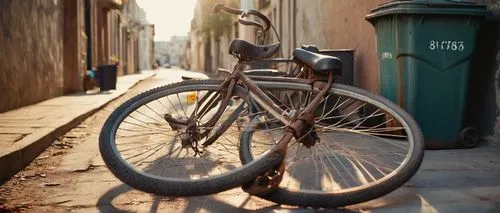 A rusty old bicycle, lying on its side, unable to stand up, chain broken, wheel bent, worn-out tires, metal body with scratches, abandoned in a deserted alleyway, surrounded by concrete walls, trash c