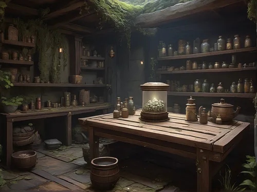 apothecary,potions,candlemaker,victorian kitchen,alchemy,pantry,witch's house,soap shop,ancient house,watercolor tea shop,potion,kitchen shop,brandy shop,tavern,potter's wheel,tinsmith,the kitchen,collected game assets,kitchen,pharmacy,Illustration,Japanese style,Japanese Style 10