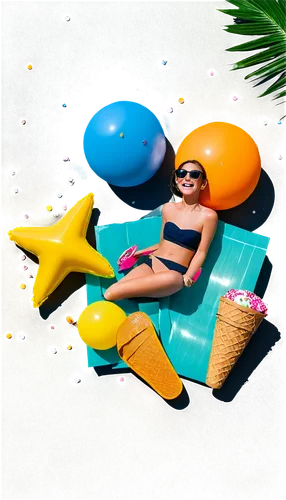 Summer vacation, colorful balloons, confetti, beach balls, tropical flowers, palm trees, sunglasses, smiling faces, ice cream cones, seashells, flip flops, relaxation pose, lying down, 3/4 composition