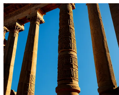 Seven Wonders, ancient structure, majestic architecture, intricately carved stones, towering pillars, vibrant blue sky, warm golden sunlight, dramatic shadows, low-angle shot, cinematic composition, h