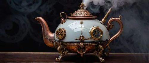 countdown timer, steampunk teapot, intricately designed, copper accents, golden gears, steam emitting, ornate legs, porcelain body, Victorian-era inspired, antique finish, dimly lit, mysterious atmosp