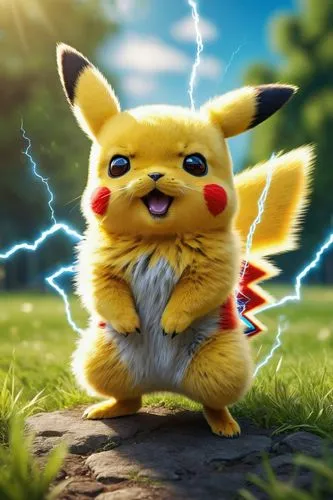 Macho Pikachu, yellow fur, red cheeks, lightning bolt tail, energetic pose, standing on one leg, electric sparks around, bright blue eyes, soft fluffy ears, green grassy background, sunny day, warm li