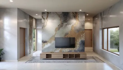 a tv stand sitting inside of a living room,travertine,natural stone,marble painting,interior modern design,modern decor,wall plaster,Photography,General,Natural