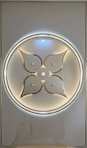 Gypsum decoration in the ceiling of a room with hidden LED lighting,a circular light fixture with a flower design on it,ceiling light,ceiling lamp,led lamp,b badge,wall light,foscarini,Photography,Gen