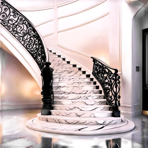 Modern staircase, luxurious villa interior, grand stairway, curved railing, shiny marble steps, ornate metal banister, soft warm lighting, high-angle shot, 3/4 composition, cinematic depth of field, r