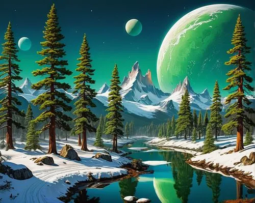 fantasy landscape,ice planet,alien planet,fantasy picture,green aurora,lunar landscape,futuristic landscape,the northern lights,space art,auroras,landscape background,alien world,nature background,northern lights,patrol,terraformed,coniferous forest,earth rise,cascadia,cartoon video game background,Conceptual Art,Sci-Fi,Sci-Fi 20